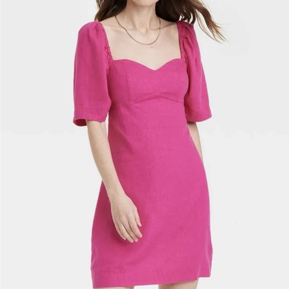 a new day Hot Pink Square Neck Puff Sleeve Midi Dress